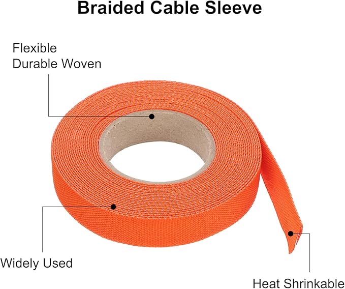 MECCANIXITY Braided Cable Sleeves Heat Shrinkable Fabric Sleeving, 1/2" 26ft Orange 2:1 Ratio Heat Shrinkable Cord Protector for Harness Cable, Network Cable Protection, Cable Management