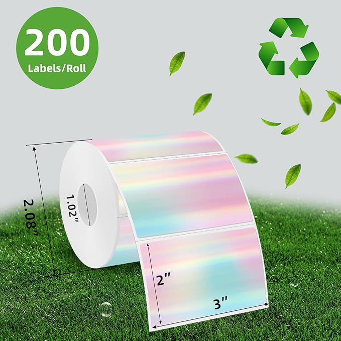 3x2 Inch Thermal Labels, Rainbow Holographic Thermal Sticker Labels, Glitter Thermals Stickers for DIY, Barcode, Mailing, Perforation Line Design, 200 PCS/1 Roll