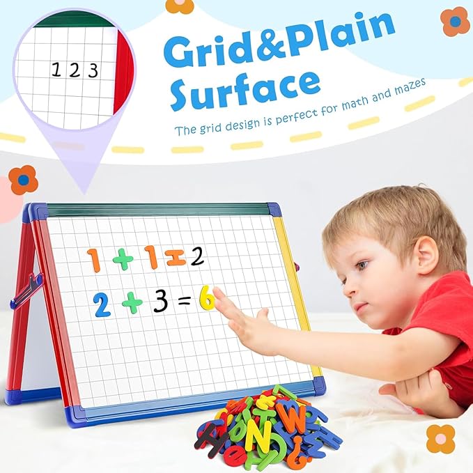SWANCROWN Portable Dry Erase White Board for Kids, 16x12 inch Toddler Boy Girl Toys Magnetic Table top Whiteboard Small Double Sided Art Easel with 82Pcs Letter Magnets Magnetic Foldable Board