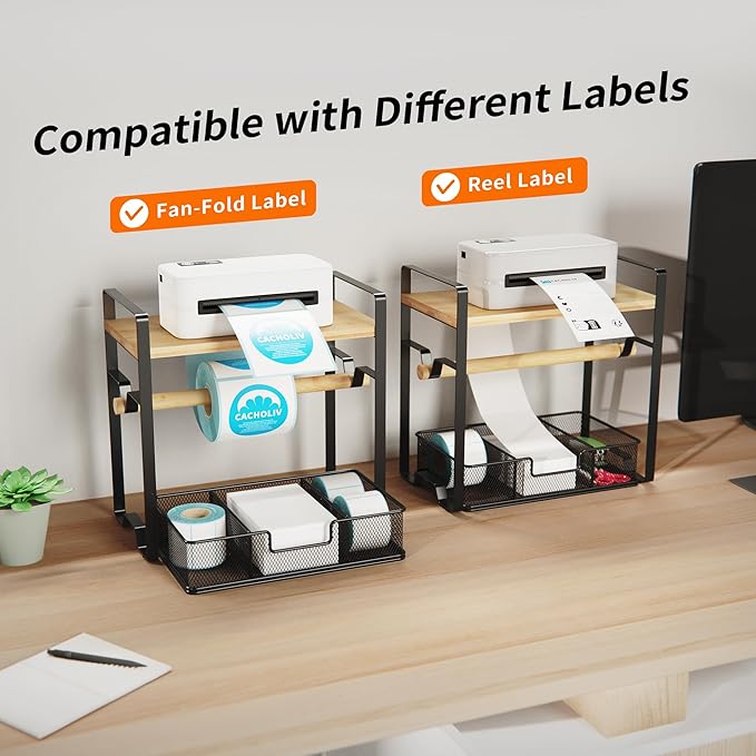 Label Holder for Rolls and Fan-Fold - Bamboo Shipping Label Holder for Desktop Thermal Printer with Space-Saving Accessories - Suitable for Home, Office, Warehouse, Small Business
