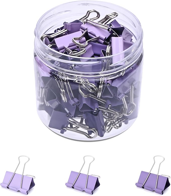 Temiary Aesthetic Binder Clips, 60 Pcs 0.6 Inches Small Metal Binder Clip with Clear Storage Container, Binding Paperwork Clamps for School Teachers Office Supplies (Purple)
