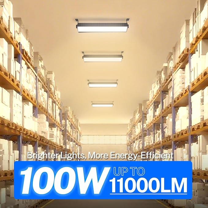 2 Pack LED Shop Lights, 100W 11000LM 3000K Warm White Plug in Garage Light with 6FT Power Cord, IP66 Waterproof Work Bench Shop Lights for Garage, Workshop, Warehouse, Outdoor, Yard, Garden