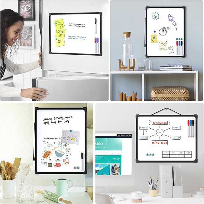 MaxGear Double-Sided Dry Erase Board, 14"x11" Mini Hanging Whiteboard, Small White Board with 3 Dry Erase Markers and 3 Magnets, Portable for Planning, Drawing, Memo, to Do List, Black Frame