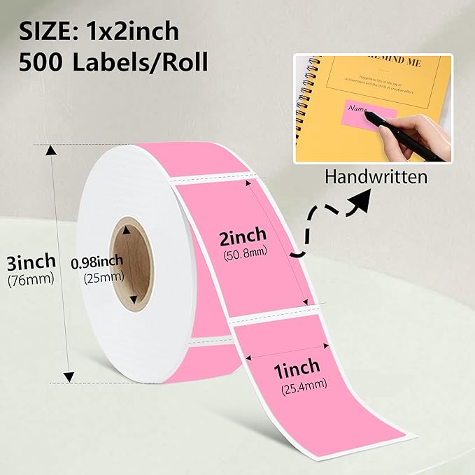 1x2 inch Label Stickers Roll for Thermal Printer 500PCS Pink Colored Removable Freezer Labels Waterproof Blank Sticker Labels to Write on for Food Containers and Jars