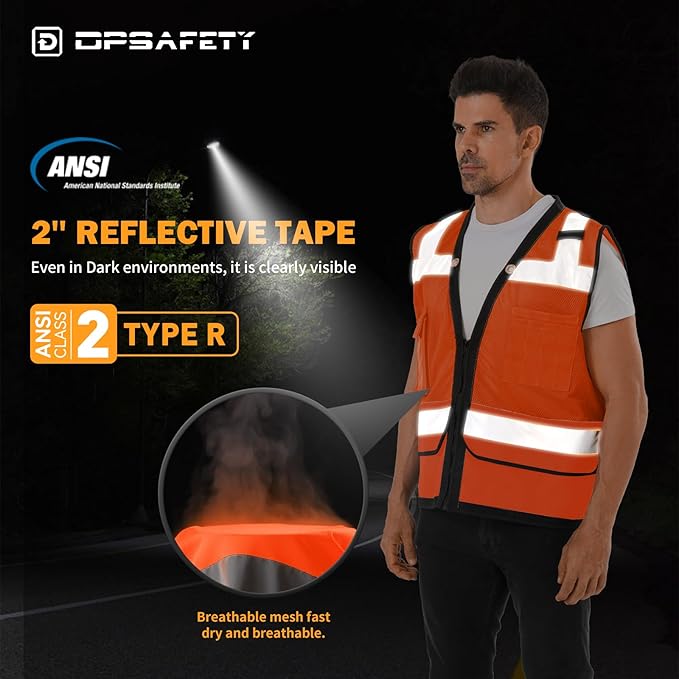 Reflective Safety Vest With Back Pocket, High Visibility Class 2 Heavy Duty Surveyor Vest with Zipper, ANSI/ISEA Standard, Construction Work Vest for Men & Women (Orange, 4XL)