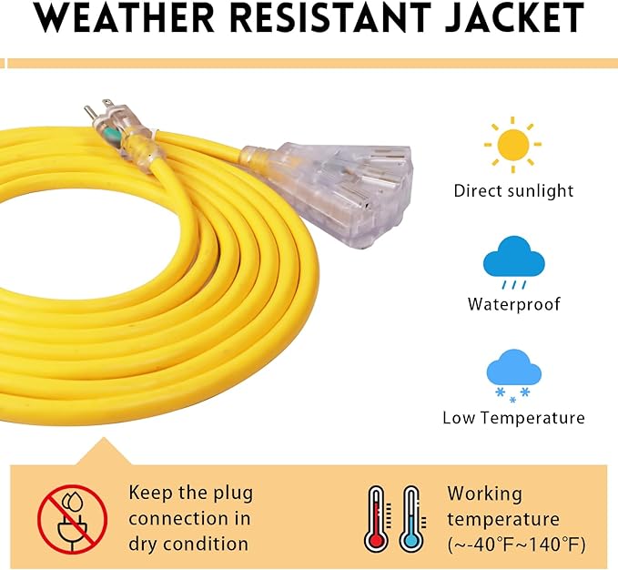EP 25 Ft Lighted Outdoor Extension Cord with 3 Electrical Power Outlets - 14/3 SJTW Heavy Duty Yellow Extension Cable with 3 Prong Grounded Plug - Power Cord for Lawn, Garden, Appliances
