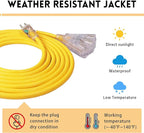 EP 50 Ft Lighted Outdoor Extension Cord with 3 Electrical Power Outlets - 14/3 SJTW Heavy Duty Yellow Extension Cable with 3 Prong Grounded Plug - Power Cord for Lawn, Garden, Appliances