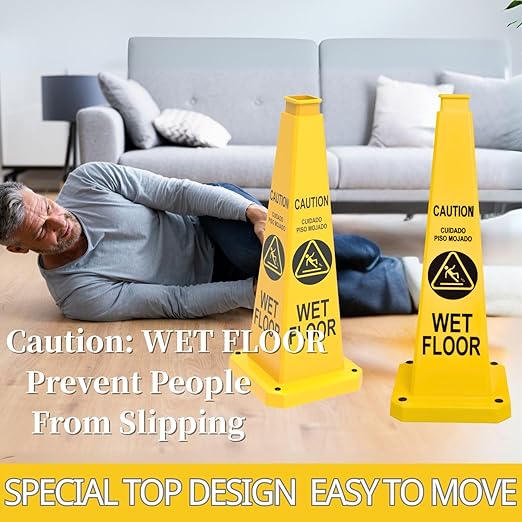 BESEA Caution Wet Floor Sign 3 Pack, 28" Heavy Duty Safety Cone with Weighted Base, Yellow 4-Sided Bilingual Warning Sign, Non-Slip Floor Safety Cone for Restaurants, Stores, Schools, Hotels