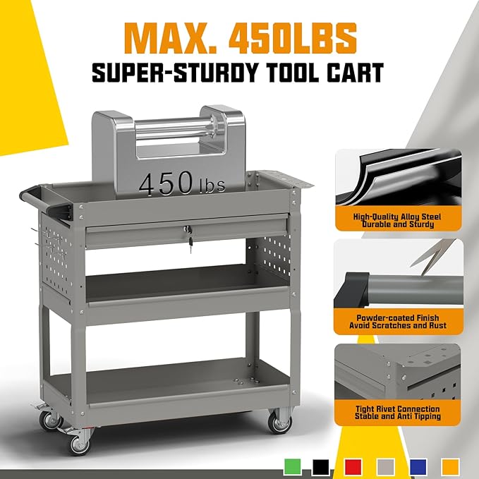 3 Tier Rolling Tool Cart on Wheels, 450 LBS Capacity Tool Cart with Drawers, Heavy Duty Rolling Utility Cart on Wheels, Rolling Tool Work Carts for Garage, Warehouse and Repair Shop,Grey