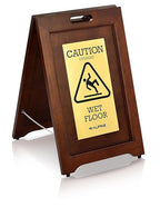 Wooden Caution Wet Floor Sign Slippery A-Frame with Bold Bilingual Safety Message, High-Grade Wood Finish, Brass-Plated for Restaurants, Offices, Hospitality & Retail Centers By Alpine Industries