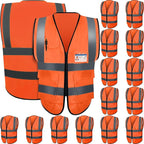 JaGely 15 Pack Reflective Safety Vests with Pockets and Zipper Construction Work High Visibility Vest for Men Women(Large,Orange Red)
