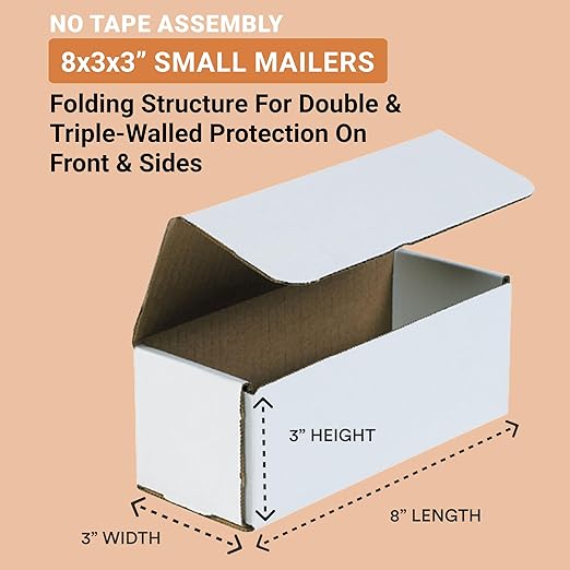 Aviditi White Corrugated Cardboard Mailing Boxes, 8" x 3" x 3" (Pack of 50) Crush-Proof Mailers, Small Cardboard Boxes for Shipping, Packing, Moving, and Storage