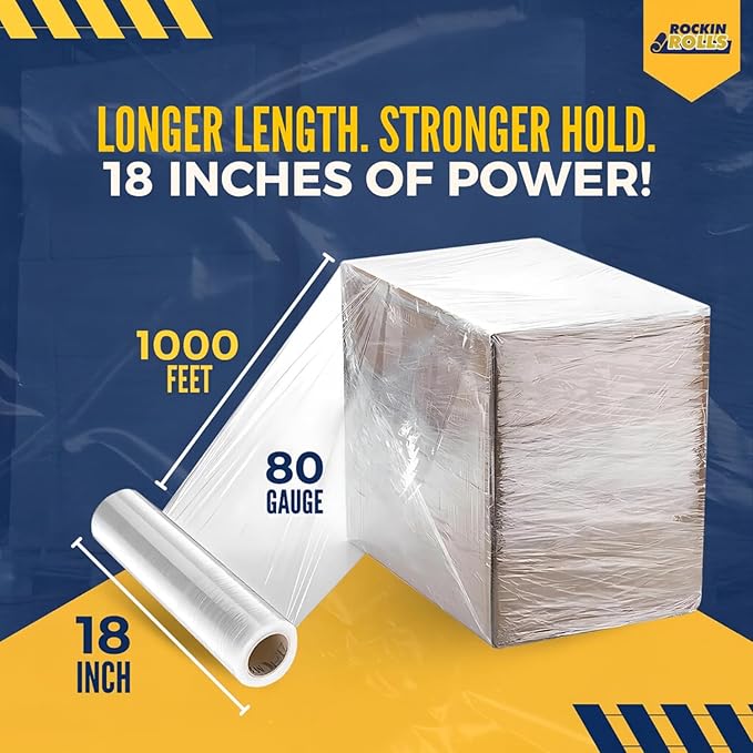 Industrial Stretch Film Wrap – 18" x 1000 FT x 80 Gauge, 1 Roll Heavy Duty Pallet Wrap | Clear Plastic Moving Wrap for Packing, Shipping, Furniture & Luggage – Durable Self-Adhering Shrink Wrap Roll