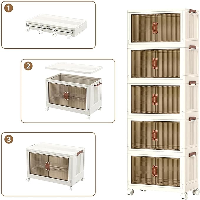 4 Tier Plastic Stackable Storage Bins and Boxes Organizer, Foldable Containers, Stackable Closet Organizers, Collapsible Boxes, White (5 Tier, 25.8″)