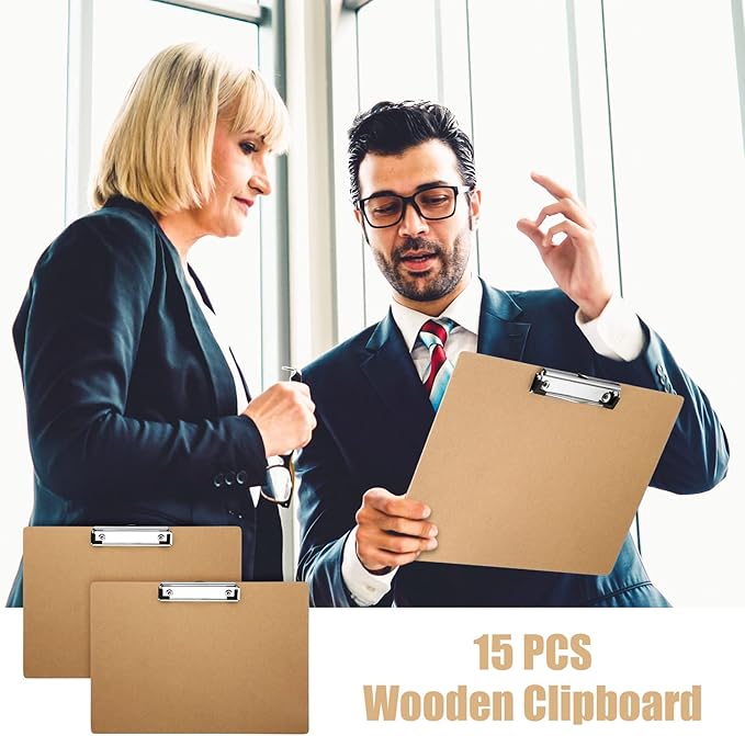 Sherr 15 Pcs Clipboard 9 x 13 Inch Large Landscape Clipboards with Low Profile Clip Brown Wooden Horizontal Clipboard Layout for School Classroom Office Drawing Sketching Art Back to School Supplies
