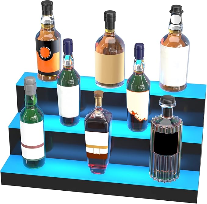 VEVOR LED Lighted Liquor Bottle Display, 3 Tiers 24 Inches, Supports USB, Illuminated Home Bar Shelf with RF Remote & App Control 7 Static Colors 1-4 H Timing, Acrylic Lighted Shelf for 18 Bottles