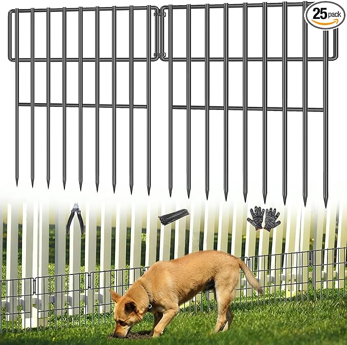 25 Panels Garden Fencing Animal Barrier, 17in (H) X 27ft (L) No Dig Dog Fence, 1.25 in Gap Fence Border for Dogs Rabbits, Rustproof Metal Decorative Fences Blocker for Outdoor, Yard, Patio