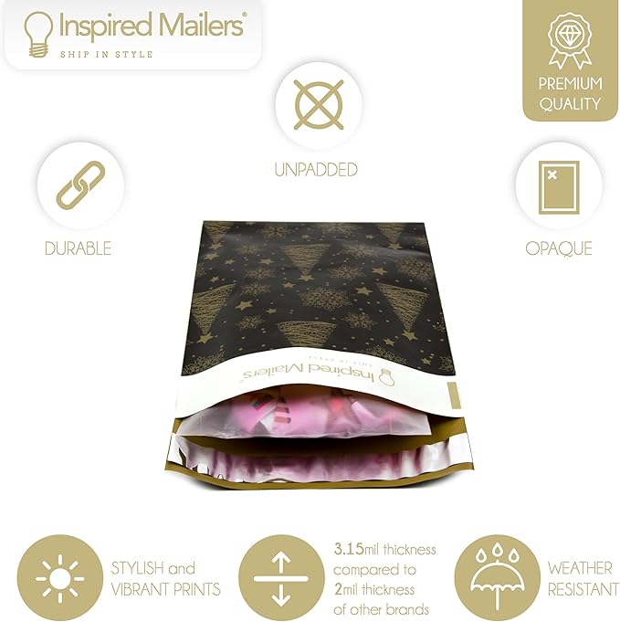 Inspired Mailers - Christmas Poly Mailers 6x9 Holiday Variety Pack of 30-10 each: Trees & Snowflakes, Rose Gold Trees, Gold Snowflake Baubles (6x9, 30 Pack)
