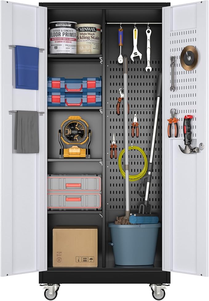 Broom Closet Storage Cabinet with Wheels and Pegboard, Metal Garage Storage Cabinet with Magnetic Doors,Adjustable Shelves for Garage Home Office,Required Assembly,Black and White,71"H×15.75"D×31.5"W