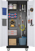 Broom Closet Storage Cabinet with Wheels and Pegboard, Metal Garage Storage Cabinet with Magnetic Doors,Adjustable Shelves for Garage Home Office,Required Assembly,Black and White,71"H×15.75"D×31.5"W