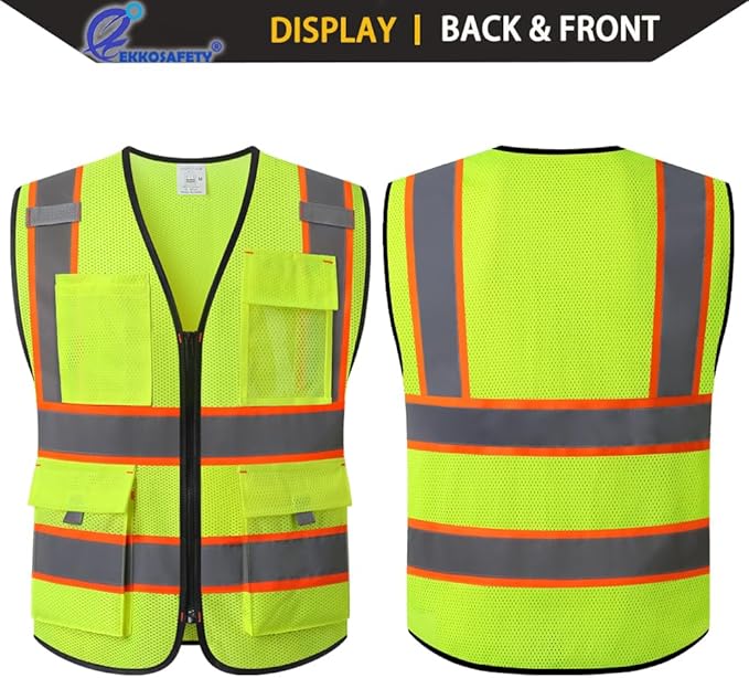 Reflective Safety Vest for Men Women with 9 Pockets and Zipper Front Class 2 High Visibility Mesh Work Vest Hi Vis Construction Vest,Meets ANSI/ISEA Standards(EK176-Yellow-XL)