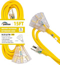 3-Outlets Indoor Outdoor Extension Cord Weatherproof with Lighted End, UL Listed, 14 Gauge 15FT Yellow 3 Prong Heavy Duty, 14/3 SJTW 15A Extension Cord