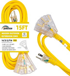 3-Outlets Indoor Outdoor Extension Cord Weatherproof with Lighted End, UL Listed, 14 Gauge 15FT Yellow 3 Prong Heavy Duty, 14/3 SJTW 15A Extension Cord