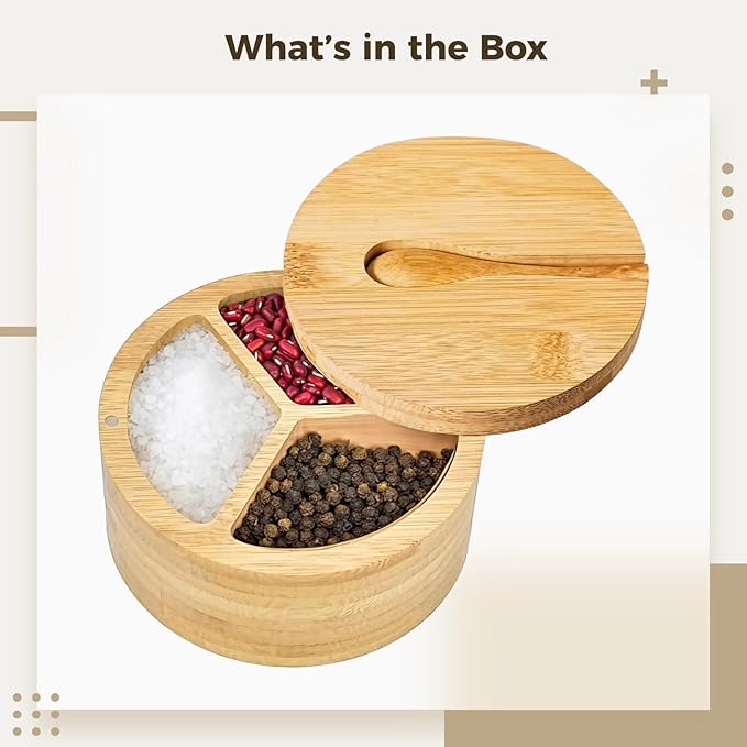 3-Compartment Wooden Salt and Pepper Box, Spice Condiment Holder with Spoon and Adsorptive Lid, 4.7 Inch Kitchen Storage for Seasonings