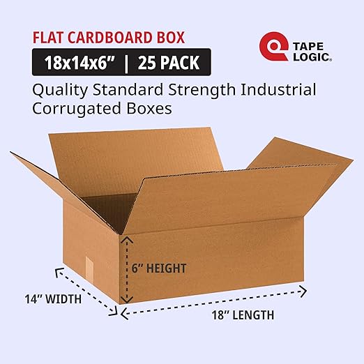 TAPE LOGIC 18 x 14 x 6 Corrugated Cardboard Boxes, Flat 18"L x 14"W x 6"H, Pack of 25 | Shipping, Packaging, Moving, Storage Box for Home or Business, Strong Wholesale Bulk Boxes