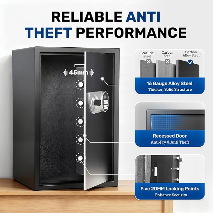 BlackSmith Large Biometric Safe 2.7 Cub Home Security Safe with Keys Keypad Lock Wall Mount Lock Box Secure Money Jewelry Valuables with Removable Shelves LED Light, Black