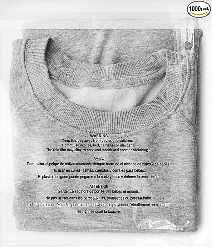 iMailer - 1000 Count - 8" x 10" Clear Plastic Poly Bags with Suffocation Warning for Clothing, T-Shirt, Brochure, Prints, Handicraft Gift- Resealable Adhesive,Not Strong