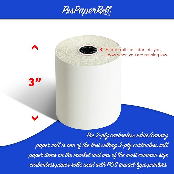50 Rolls 3" x 95' 2-Ply Carbonless White/Canary Cash Register Paper for M119 Hypercom T77F (Impact Printer) NCR 7445-1000 Samsung SRP-100 Visit the PosPaperRoll Store