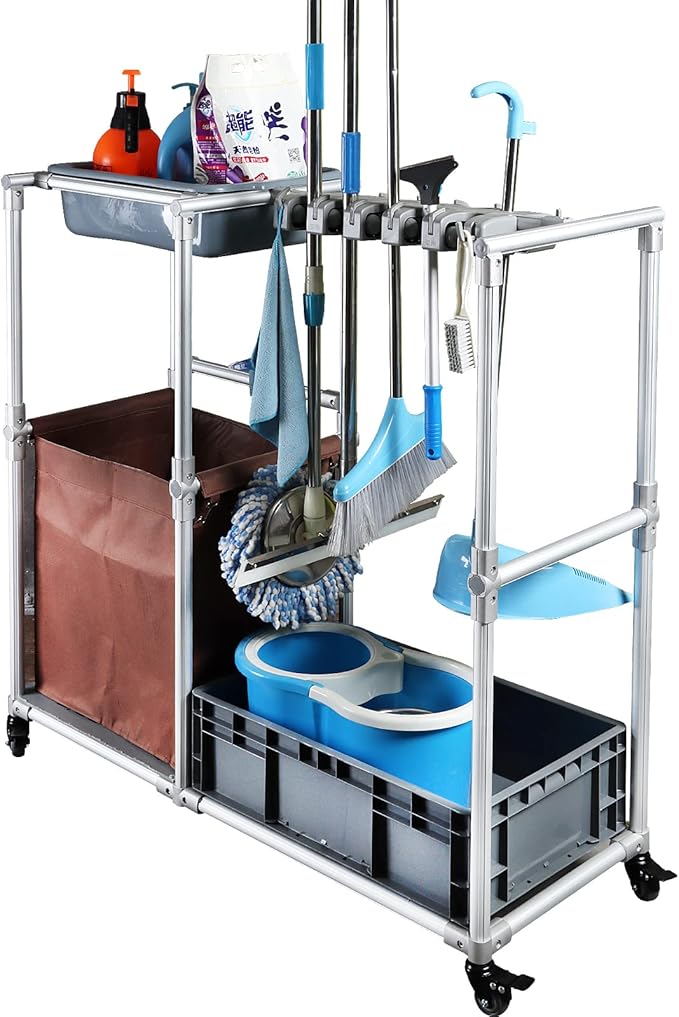 Janitorial cart Rolling Cleaning cart on Wheels for Cleaning Supplies Housekeeping Station Broom and mop Organizer