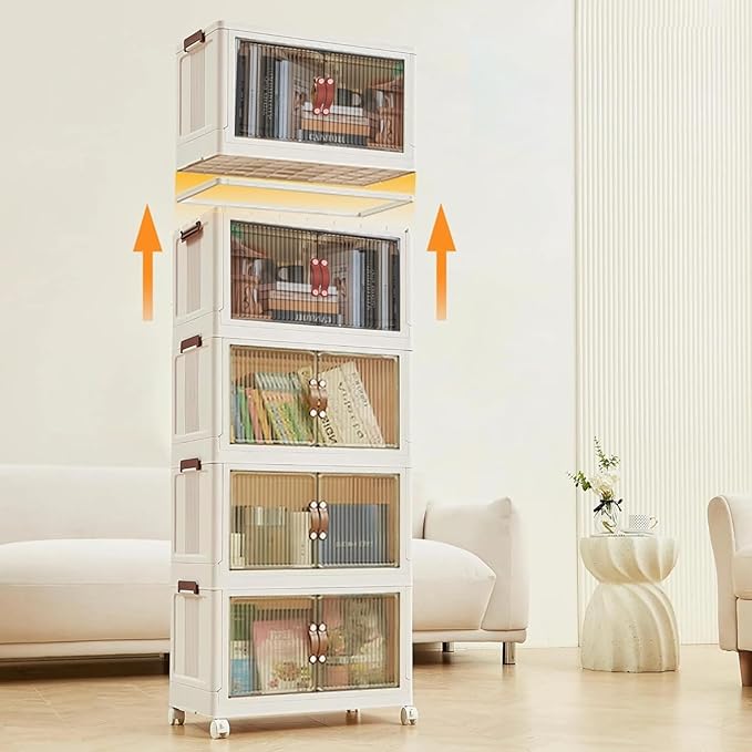 4 Tier Plastic Stackable Storage Bins and Boxes Organizer, Foldable Containers, Stackable Closet Organizers, Collapsible Boxes, White (4 Tier, 23.6″)