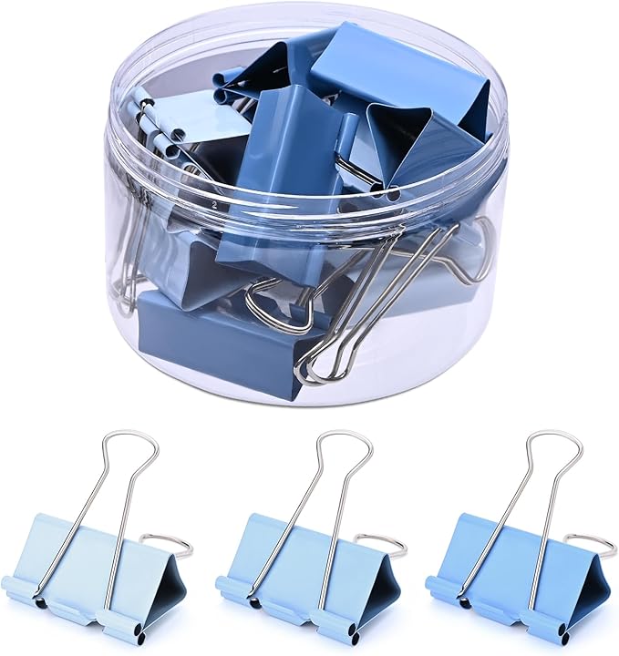 Temiary Aesthetic Binder Clips, 12 Pcs 2 Inches Small Metal Binder Clip with Clear Storage Container, Binding Paperwork Clamps for School Teachers Office Supplies (Blue)