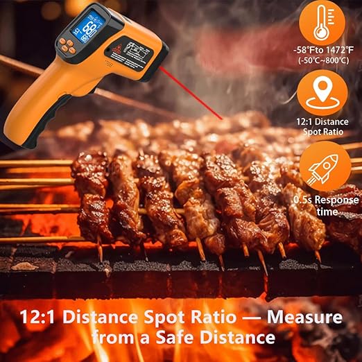 Infrared Thermometer Gun for Cooking, Non Contact Thermometers Laser Temperature Guns with K-Type Probe, 12:1 Dual-Mode Temp Gun (-58°F to 1472°F), Pizza Oven, BBQ, Home Repairs, HVAC