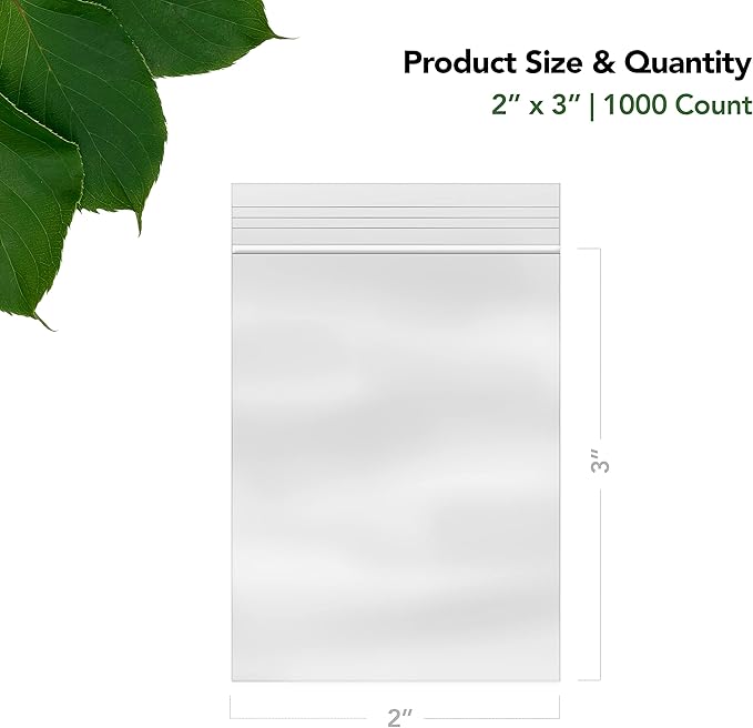 2 x 3 Inch Resealable Plastic Bags 1000 Pack — Clear Reclosable Mini Bags with Zipper Seal for Jewelry, Beads, Small Parts, Crafts, Hardware