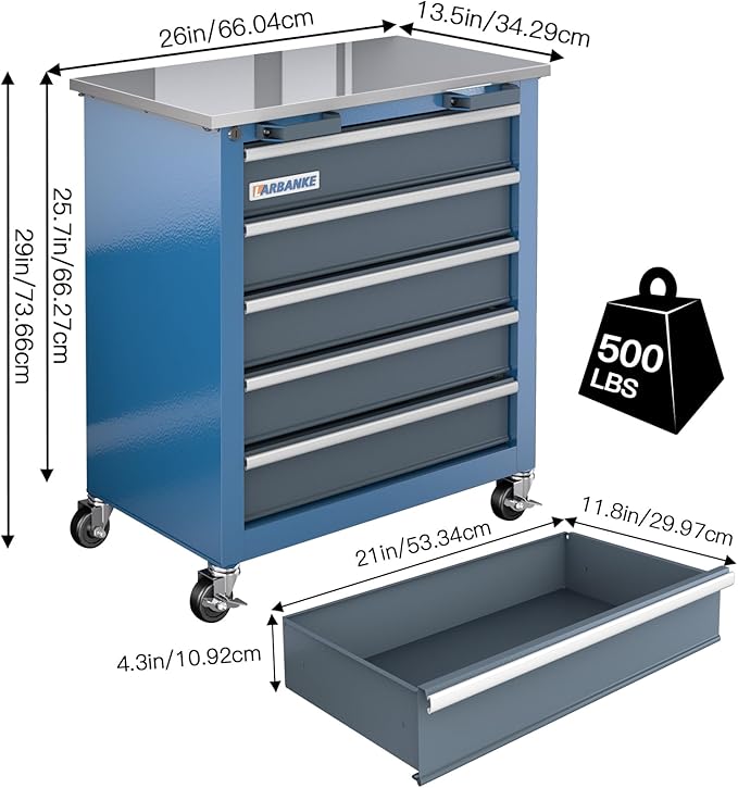 LARBANKE 5-Drawer Tool Chest, Rolling Tool Chest with Wheels, Foot Pads&Locking System,Mobile Storage Tool Cabinet with Stainless Steel Top,Connect Units for A Large Workstation for Office,Garage&Home