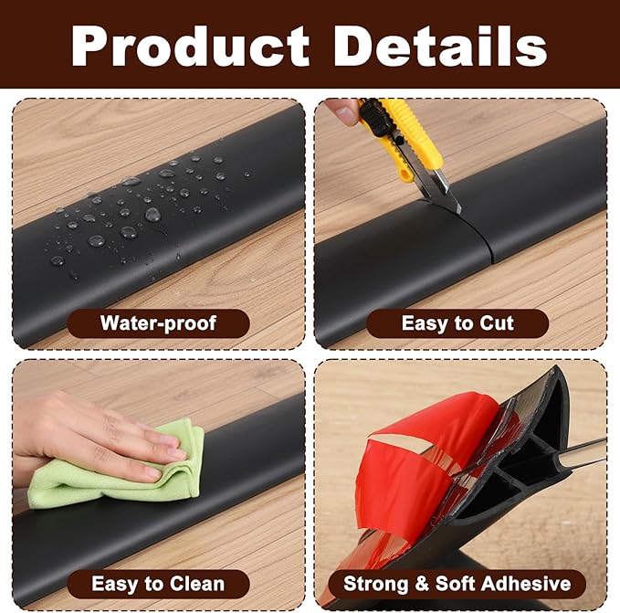 16.4 FT Floor Cord Cover, Self Adhesive Cord Hider, Hide Electric Wire on Carpet, Power Cable Protector, Cord-Runner Protective 0.47" (W) x 0.29" (H), Black