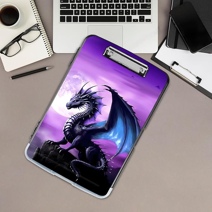 Clipboard with Storage,Office Supplies Nursing Clipboards Folder with Pen Holder Plastic Storage ClipBoard Foldable for Teacher Nurse,Purple Dragon