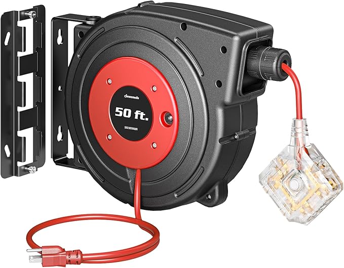 DEWENWILS 50FT Extension Cord Reel with 6 Grounded Outlets, Retractable Extension Cord Reel, 14/3C SJTOW, 6 Grounded Outlets, Twist-lock Stopper, 13A Circuit Breaker, Heavy Duty Power Cord, ETL Listed