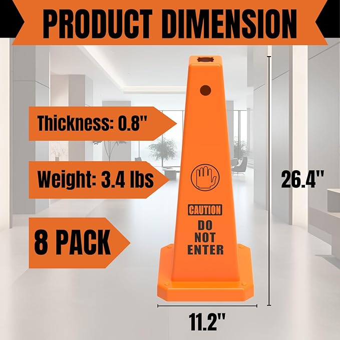 Caution Wet Floor Sign, 26.4-Inch Safety Cone, 8 Pack Yellow Plastic, High-Visibility, Non-Fading, Slip-Resistant Base, Stackable, Indoor Outdoor Warning Sign-4 Pack