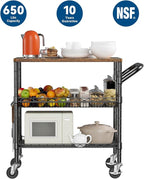 WDT 3 Tier Rolling Carts with Wheels, Heavy Duty Rolling Utility Cart with Wood Tabletop, Commercial Grade Metal Cart with Handle and Hooks, NSF Storage Serving Carts for Kitchen Island, Wood+Metal