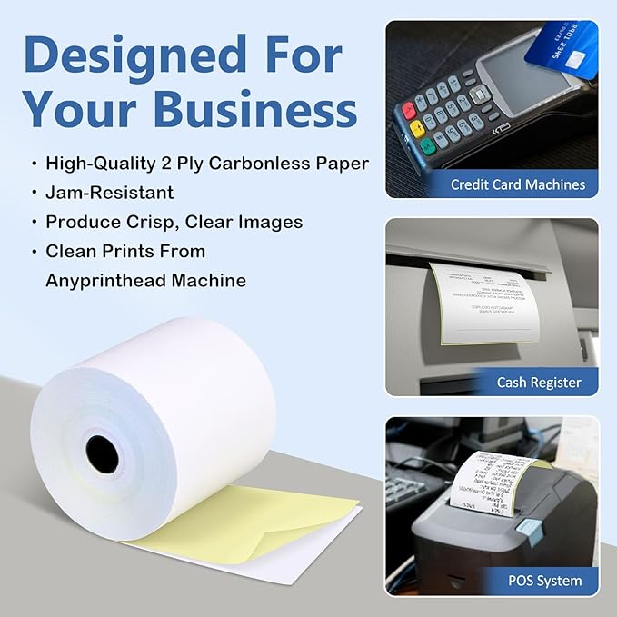 (50 Rolls) 2 Ply Carbonless Rolls 3" X 95 Feet White/Canary Receipt Paper for Restaurants & POS Cash Registers, Kitchen Printer Paper for Star Micronics SP700 SP2000 and more (3" 2 Ply 95' Carbonless)