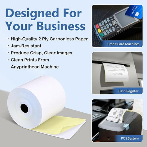 (50 Rolls) 2 Ply Carbonless Rolls 3" X 95 Feet White/Canary Receipt Paper for Restaurants & POS Cash Registers, Kitchen Printer Paper for Star Micronics SP700 SP2000 and more (3" 2 Ply 95' Carbonless)