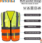 Small High Visibility Safety Vest with 7 Pockets, Multi Frontal Pockets Lighetweight Safety Vest with Reflective Strips and Zipper, Yellow&Orange Color Mixed