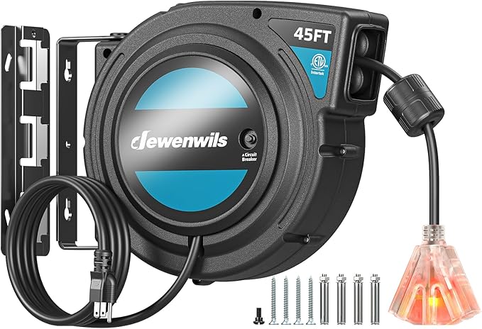 DEWENWILS 45FT Retractable Extension Cord Reel with Twist-lock Stopper, 12/3C SJTOW Heavy Duty Power Cord Reel, Brighter Triple Tap Outlet, 15A Circuit Breaker, Ceiling/Wall Mount, ETL Listed, Black