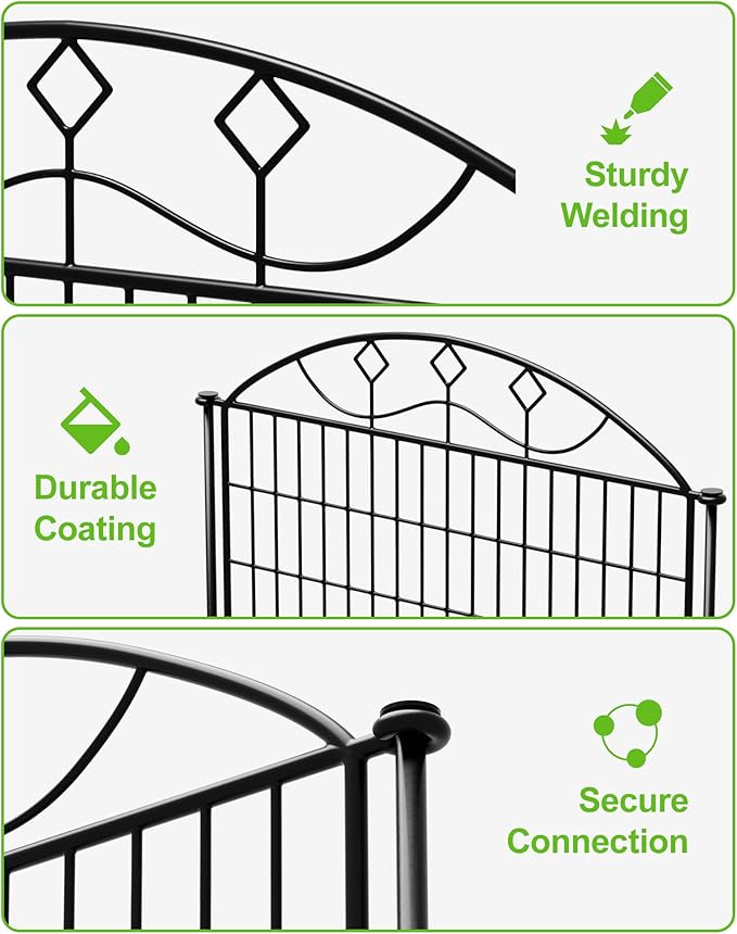 40in Tall 10-Panel Metal Garden Fence with Gate, No Dig Temporary Yard Fencing, Reusable Animal Barrier for Large Dogs & Garden Protection, Black