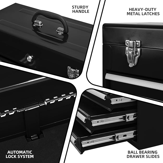4 Drawers Metal Tool Box Portable Steel Tool Chest with Metal Latch Closure & Key Lock, 20" Powder Coating Top Storage Tray Toolbox with Handle, Suitable for Repair Shop & Garage (Black)