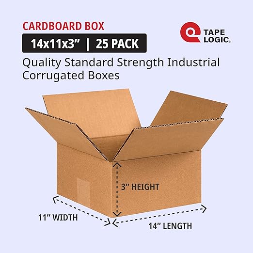 Tape Logic Shipping Boxes Flat 14"L x 11"W x 3"H, 25-Pack | Corrugated Cardboard Box for Packing, Moving and Storage